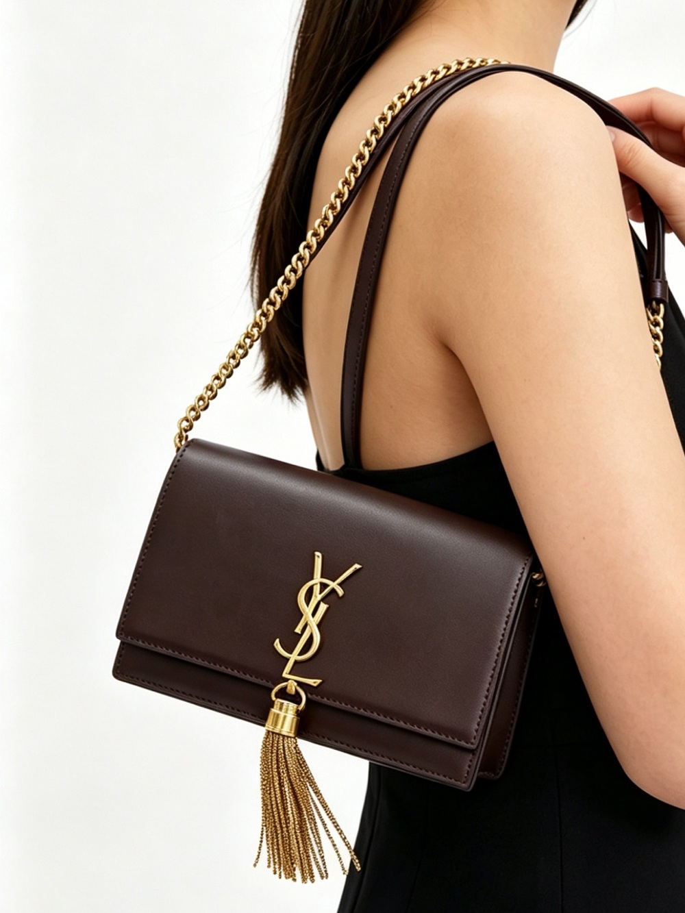 Saint Laurent Kate Dark Brown Leather Shoulder Bag with Gold Chain and Tassel